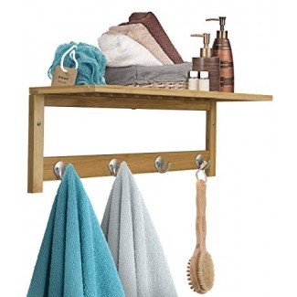 Perchero de madera de bambú con gancho para colgar en la pared de Sorbus, Toallero de pared con 4 ganchos y estante de almacenamiento superior, ideal para baño, pasillo, sala de estar, dormitorio, estilo escandinavo de madera