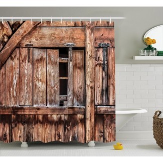  Cortina de ducha individual con puerta de granero abandonada de roble rústico 