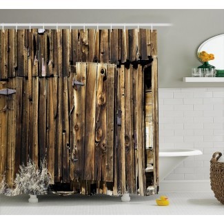  Cortina de ducha con puerta de madera rústica de granero de roble 