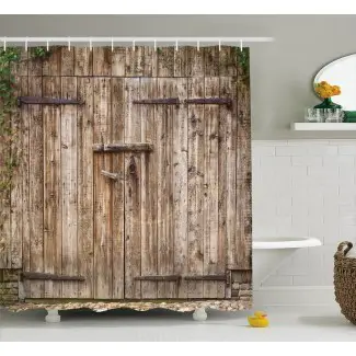  Cortina de ducha + ganchos de puerta de acero viejo de roble vintage + ganchos 