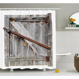  Cortina de ducha individual con puerta de granero de madera rústica envejecida 