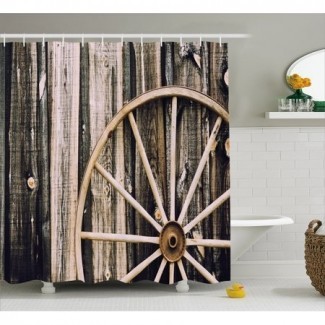  Cortina de ducha con ruedas de vagón de madera de granero, puerta de granero de madera y 
