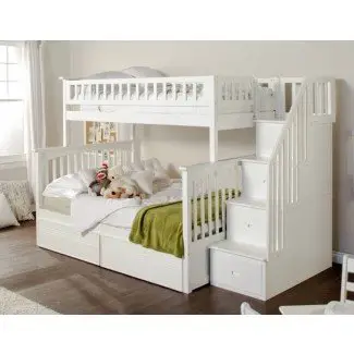  Cama alta de tamaño completo con escaleras. White Loft Bed With 