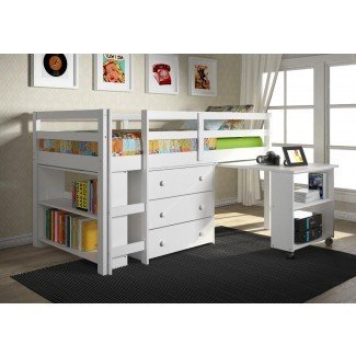  Cama alta de tamaño completo con escritorio y armario pequeño de almacenamiento 