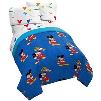 Jay Franco Disney Mickey Mouse Trophy Juego de cama doble de 4 piezas - Incluye edredón reversible y juego de sábanas - Poliéster súper suave resistente a la decoloración - (Producto oficial de Disney)
