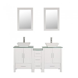  Mueble de tocador para baño de 60 "con doble lavabo Combo de vidrio superior Madera de MDF blanca con juego de desagüe de espejo 
