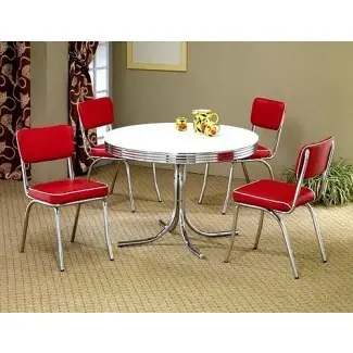  Juego de mesa de comedor redonda blanca retro de 5 piezas y 4 sillas rojas 