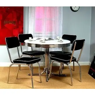  Mesa retro redonda de cromo y 4 sillas negras Cocina de los años 50 