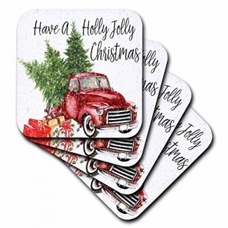  3dRose Anne Marie Baugh - Navidad - Tenga un camión rojo de Navidad Holly Jolly con árboles de Navidad - Posavasos 