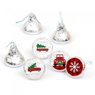  Merry Little Christmas Tree - Red Truck y Car Christmas Party Favores de la etiqueta engomada del caramelo redondo - Etiquetas Fit Hershey's Kisses (1 hoja de 108) 