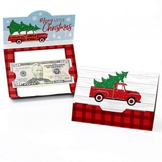  Merry Little Christmas Tree - Titulares de tarjetas de regalo y dinero de la fiesta de Navidad de camiones rojos y automóviles - Set de 8 