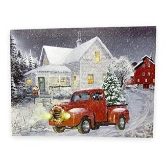  DISEÑOS DE BANBERRY Impresión de camión rojo - Imagen de Navidad iluminada con LED con Vinta ge Red Truck and Xmas Tree - Winter Scene 