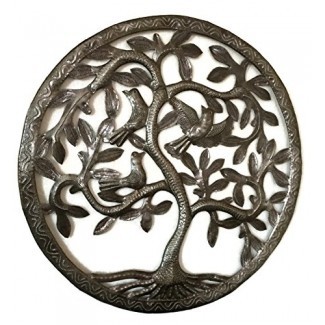  Arte de la pared del árbol de la vida, inspirado en la naturaleza, hecho a mano en Haití, decoración de metal de acero, interior y exterior Certificado de la Federación de Comercio Justo de 17 "x17" 