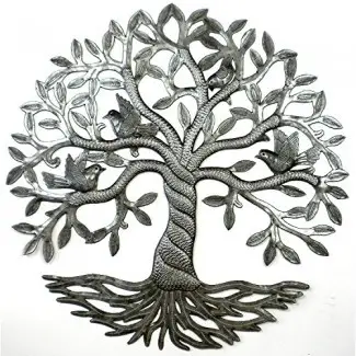  Global Crafts 24 "Arte de pared de metal haitiano hecho a mano reciclado Árbol de la vida con pájaros, tronco torcido 