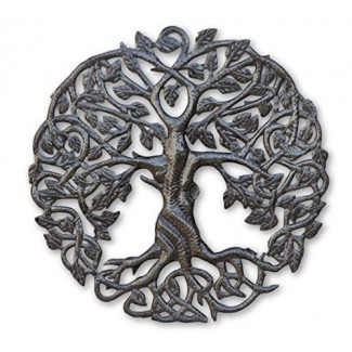  Pequeño arte de pared de metal de Tree of Life, 17.25 pulgadas de redondo, decoración contemporánea de acero, árboles genealógicos celtas, placa moderna, hecho a mano en Haití, certificado de comercio justo 