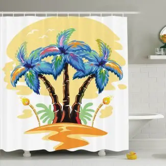  Palm Tree Cartoon Tropical Island con palmeras hawaianas Antorcha Gaviotas al atardecer Set de cortinas de ducha 