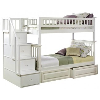 Litera de madera maciza blanca con dos camas individuales con almacenamiento 