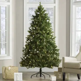  Árbol de Navidad Artificial de abeto verde de 6.5 'de Douglas hacia abajo con 650 luces transparentes y soporte 