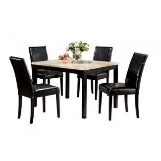  Major-Q 5Pc Pack Transitional Style Finish Set con mesa de comedor con superficie de imitación de mármol blanco y sillas laterales con cojín de PU negro, 9006776 