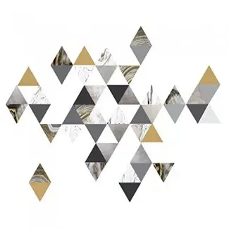  Calcomanías de pared de arte moderno, oro, gris, mármol, triángulos, calcomanías geométricas, reposicionables, calcomanías de pared de tela más 6 calcomanías de vinilo de triángulo metálico dorado extra 