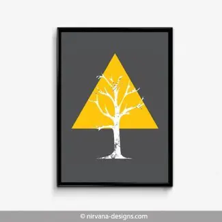  Árbol de triángulo amarillo gris | Arte de pared abstracto moderno ... 