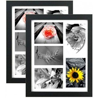  Tasse Verre (paquete de 2) Marco de imagen collage 11x14 - Negro con cubierta frontal de vidrio - Muestra cinco imágenes de 4x6 pulgadas con tapete 