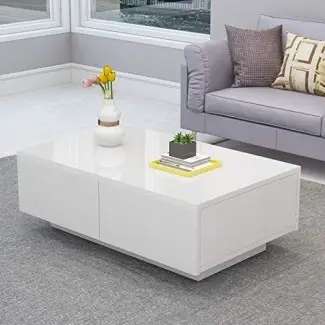  Mesa de centro moderna blanca brillante Cocoarm, mesa auxiliar con 4 cajones para sala de estar, montaje fácil 