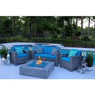  AKOYA Outdoor Essentials 4 Piece 42" x 42 "Square Modern Fire Fire Table en gris con patio exterior F Juego de muebles 