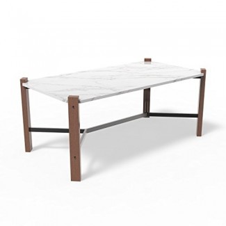  Giantex Modern Coffee Table White, muebles decorativos con aspecto de madera con forma de X Cross Metal para la sala de estar, Faux Marble Top para facilitar la limpieza 