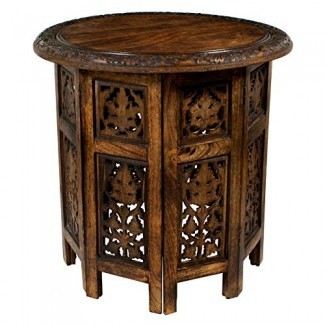  Cotton Craft - Jaipur - Mesa de centro plegable, decorativa, tallada, hecha a mano, de madera maciza - Marrón antiguo - Tapa redonda de 18 pulgadas x 18 pulgadas de alto 