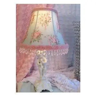  7 "Bell LAMP SHADE AQUA w Tela Pink Roses 