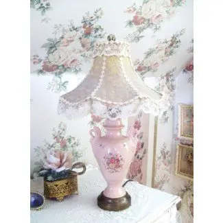  Lámpara de mesa vintage estilo shabby chic con lámpara rosa vintage y pantalla de encaje 