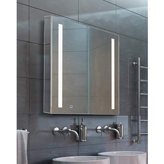  Botiquín de baño, aluminio, empotrado / montaje en superficie, bisagra izquierda, espejo con 2 tiras LED 
