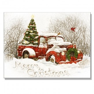  'Vintage Christmas Tree Truck' de Opportunities Lienzo de impresión de pintura acrílica enmarcada en rojo / blanco 