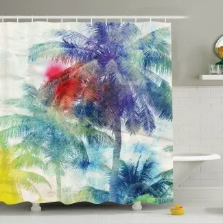  Conjunto de cortinas de ducha de acuarela tropical de palmeras de palmeras en la imagen Conjunto de cortina de ducha de paraíso tropical 