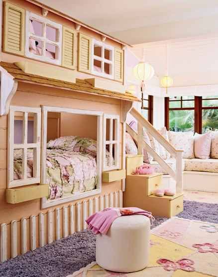 Habitación con cama tipo casa | Literas para niñas ...