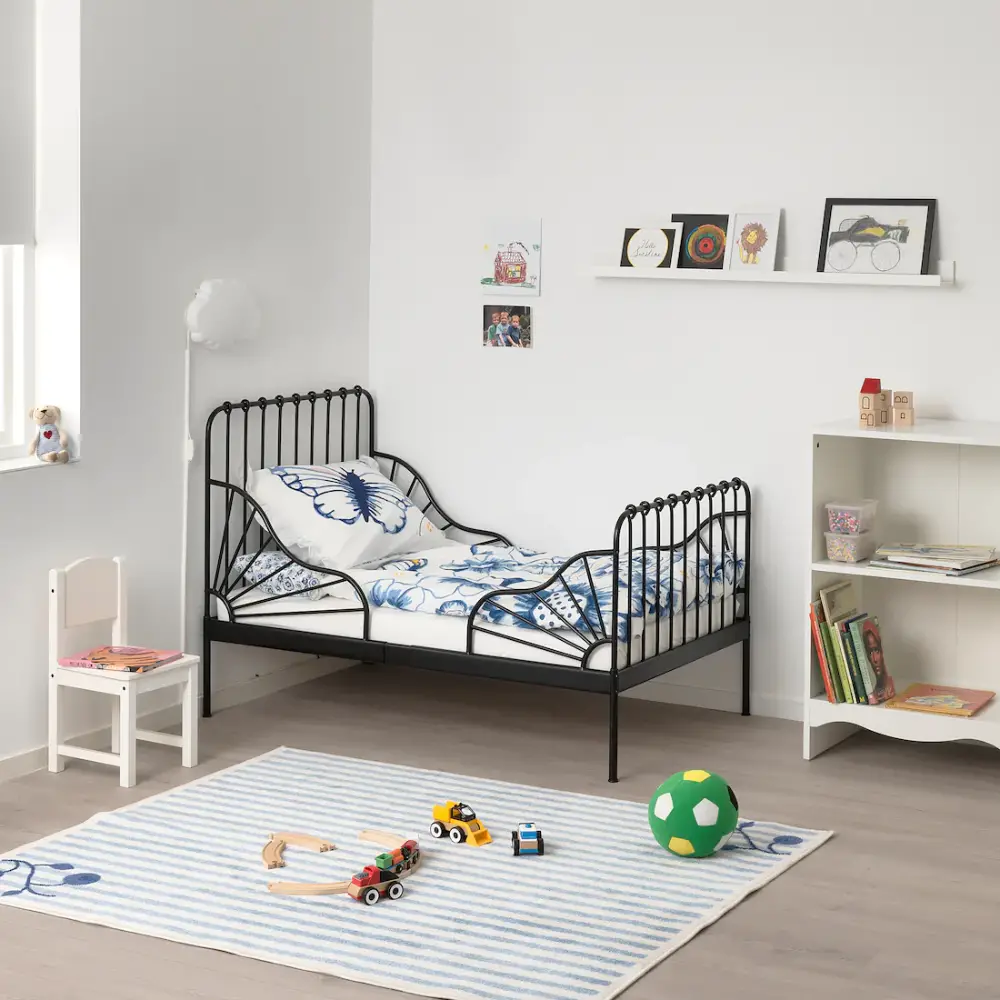 MINNEN Ext bed frame with slatted bed base - black - IKEA ...