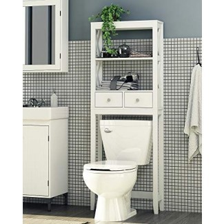  Spirich Home Estante para baño moderno con marco en X sobre el inodoro, estante para baño con dos cajones, ahorro de espacio en el baño, acabado blanco 