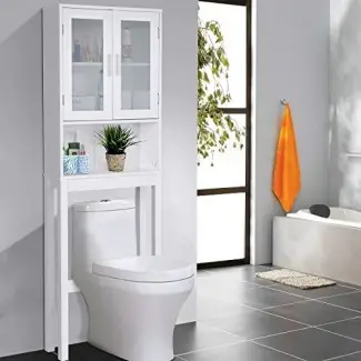  Giantex - Ahorrador de espacio para almacenamiento en el baño con estante ajustable y estante ajustable, blanco (2 puertas de vidrio con estante) 