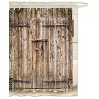  FKOG Cortina de ducha de puerta de granero de madera vintage Puerta de garaje de madera rural Puerta resistente al moho impermeable Tela resistente al moho Blanco Gris Verde 