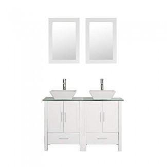  Mueble de tocador de baño con lavabo doble de 48" Encimera de vidrio Madera blanca con grifo y desagüe de espejo 