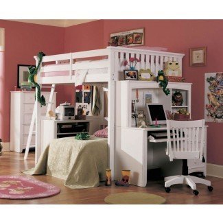 Camas loft completas con tobogán, marco de cama baja con escaleras, moderna  y divertida cama tipo loft junior para niños y niñas, color blanco