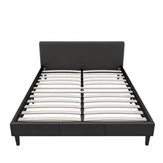  Manhattan Queen Bed Frame | Cabecera de perfil bajo de estilo moderno + somier de plataforma | Muebles de colchón de dormitorio tapizados + estribos de madera blanda, listones de madera, caja y patas de soporte de tamaño incluidas 