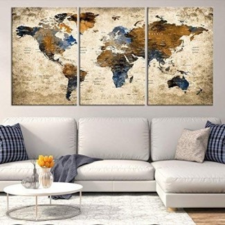  Sephia World Map Wall Art de My Great Canvas | Impresión de lienzo colgante de panel múltiple X-Large de 3 piezas para decoración del hogar | Siga sus viajes con este colorido mapa antiguo | Enmarcado y listo para colgar, 