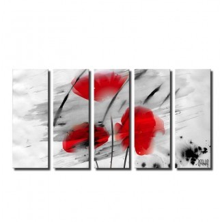  Arte gráfico de 5 piezas 'Painted Petals III' sobre lienzo gris / rojo / negro 