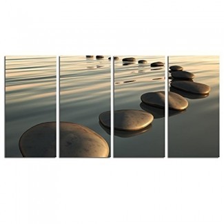 Decoración de arte en vivo - Zen Canvas Wall Art, Basalt Stone on The Sunset Relax Scenery Canvas Pictures for Living Room Decoration, Peaceful Water Multi Panel Wall Art Easy Hanging On - 48 "W x 24" H Overall 