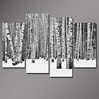  Sea Charm- Arte de pared de árbol de abedul de 4 paneles, cuadros de bosque en blanco y negro Impresión en lienzo, decoración de la pared interior del hogar y la oficina Obra en lienzo, póster de paisaje invernal listo para colgar 