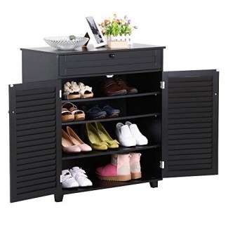 Yaheetech 3 estantes Gabinete de zapatos Oficina Stora ge Gabinete con 1 cajón 2 puertas negro