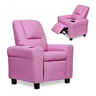  Windaze - Sofá reclinable para niños de cuero sintético Cómodo sillón para sala de estar con portavasos, rosa 