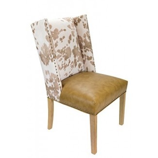  Diseños únicos Rexford Faux Cowhide Lea Silla auxiliar de comedor tapizada en tela y tela, ribete de clavo, juego de 2 sillas 